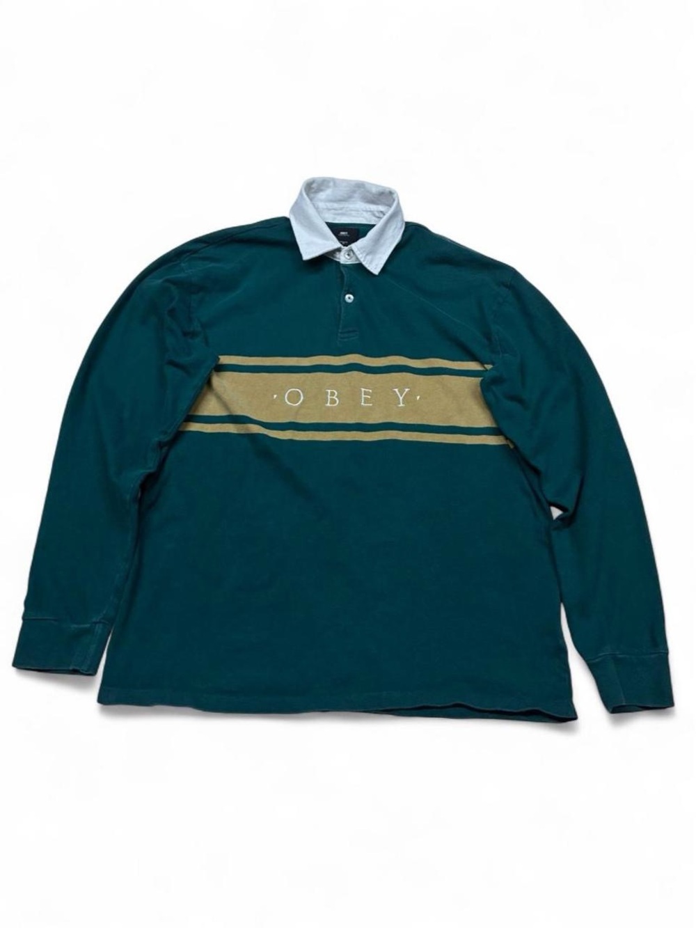 Obey Hero Classic Collared Long Sleeve Rugby Polo Shirt Mens Medium Green Teal